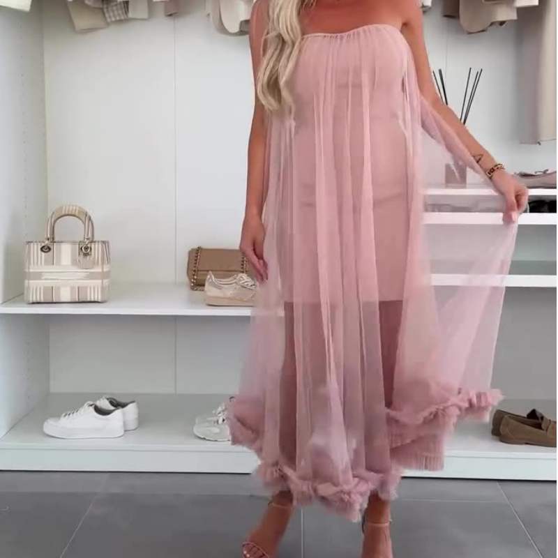 🌸✨Trägerloses Damen-Kleid mit Tüll-Schicht und Rüschenbesatz