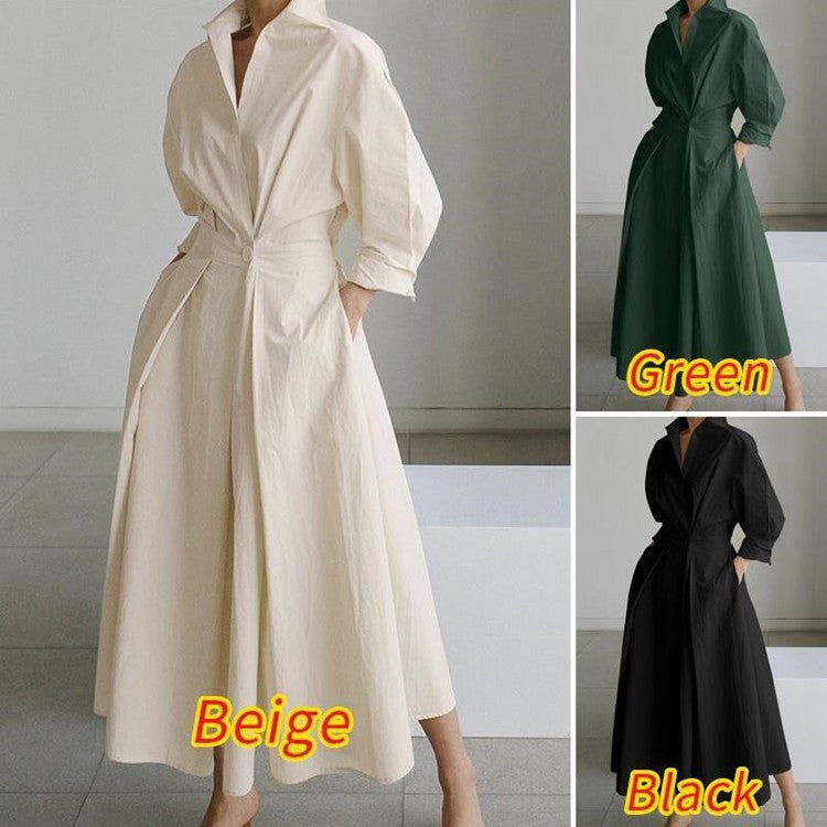 💖 💖Zeitlich begrenztes Angebot – 50 % Rabatt💥💥Einfarbiges Hemdkleid mit Revers aus Baumwolle für Damen