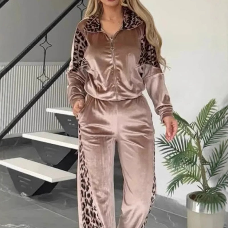 💖 Räumungsverkauf💖Modisches Damen 2-teiliges Set mit Leopardenmuster: Oberteil mit Reißverschluss und Hose mit Kordelzug