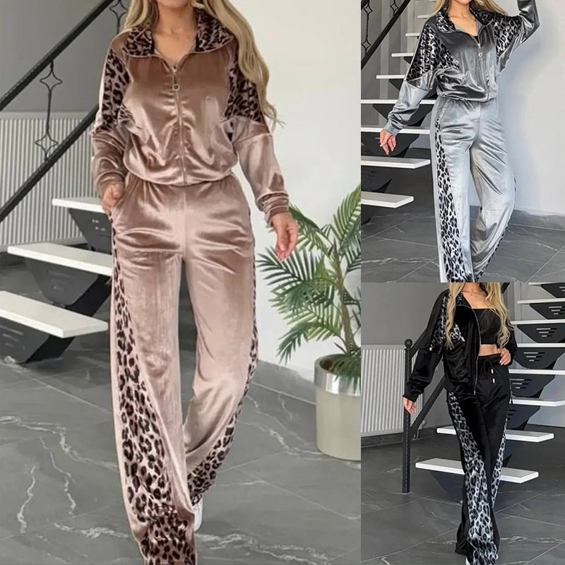 💖 Räumungsverkauf💖Modisches Damen 2-teiliges Set mit Leopardenmuster: Oberteil mit Reißverschluss und Hose mit Kordelzug