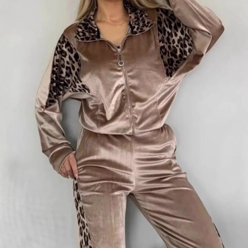 💖 Räumungsverkauf💖Modisches Damen 2-teiliges Set mit Leopardenmuster: Oberteil mit Reißverschluss und Hose mit Kordelzug