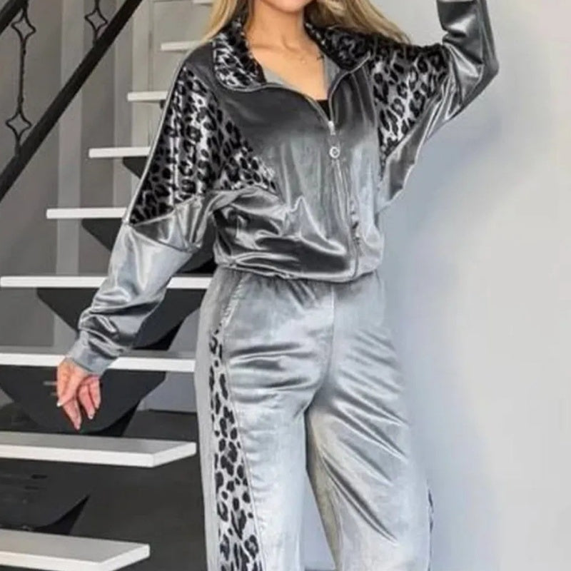 💖 Räumungsverkauf💖Modisches Damen 2-teiliges Set mit Leopardenmuster: Oberteil mit Reißverschluss und Hose mit Kordelzug