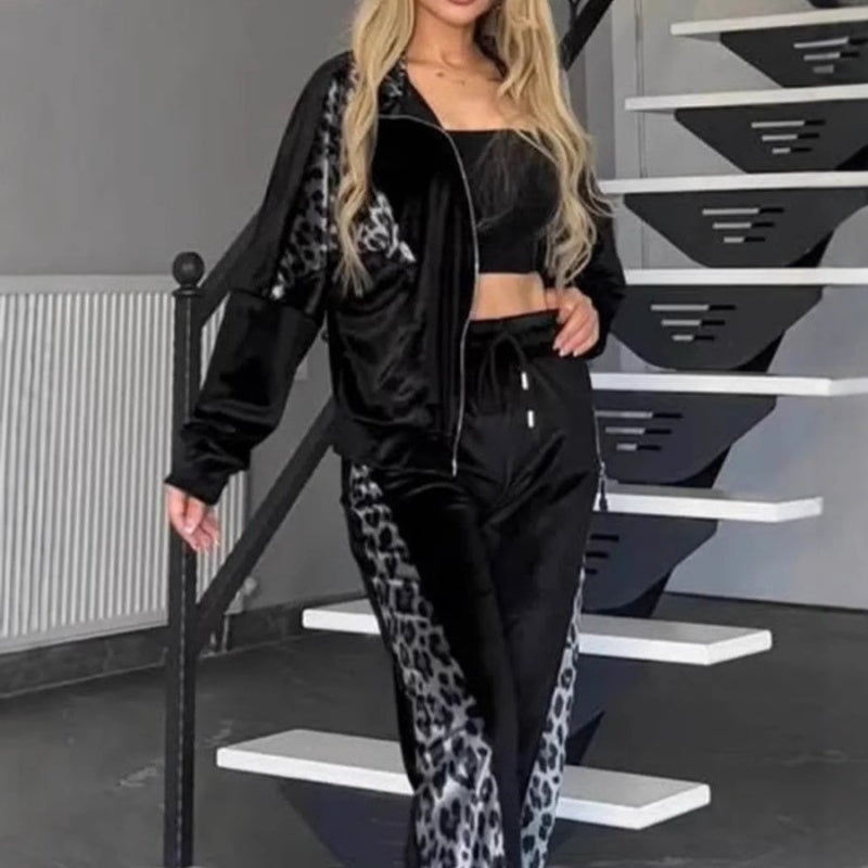 💖 Räumungsverkauf💖Modisches Damen 2-teiliges Set mit Leopardenmuster: Oberteil mit Reißverschluss und Hose mit Kordelzug