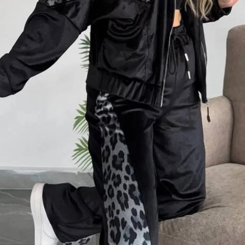 💖 Räumungsverkauf💖Modisches Damen 2-teiliges Set mit Leopardenmuster: Oberteil mit Reißverschluss und Hose mit Kordelzug