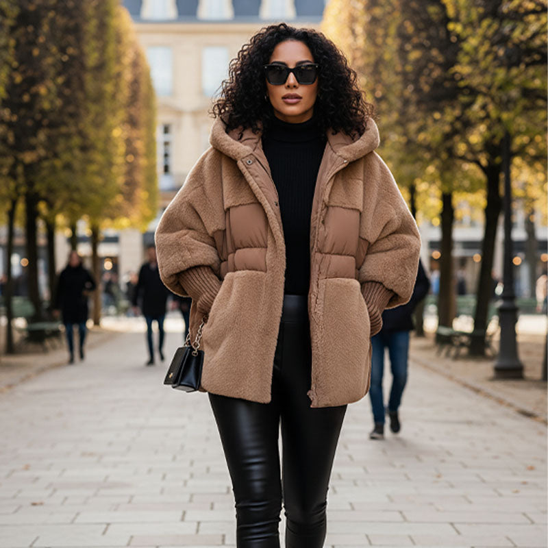 ✈️✈️Kostenloser Versand❄️✨Damen Oversized Pufferjacke mit Kapuze im Patchwork-Design