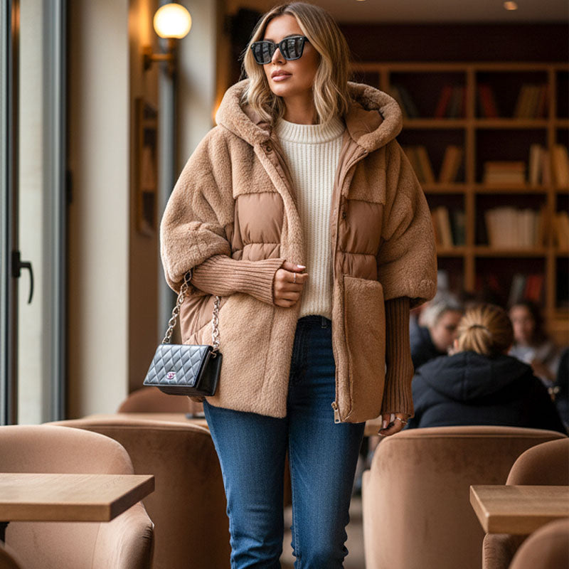 ✈️✈️Kostenloser Versand❄️✨Damen Oversized Pufferjacke mit Kapuze im Patchwork-Design