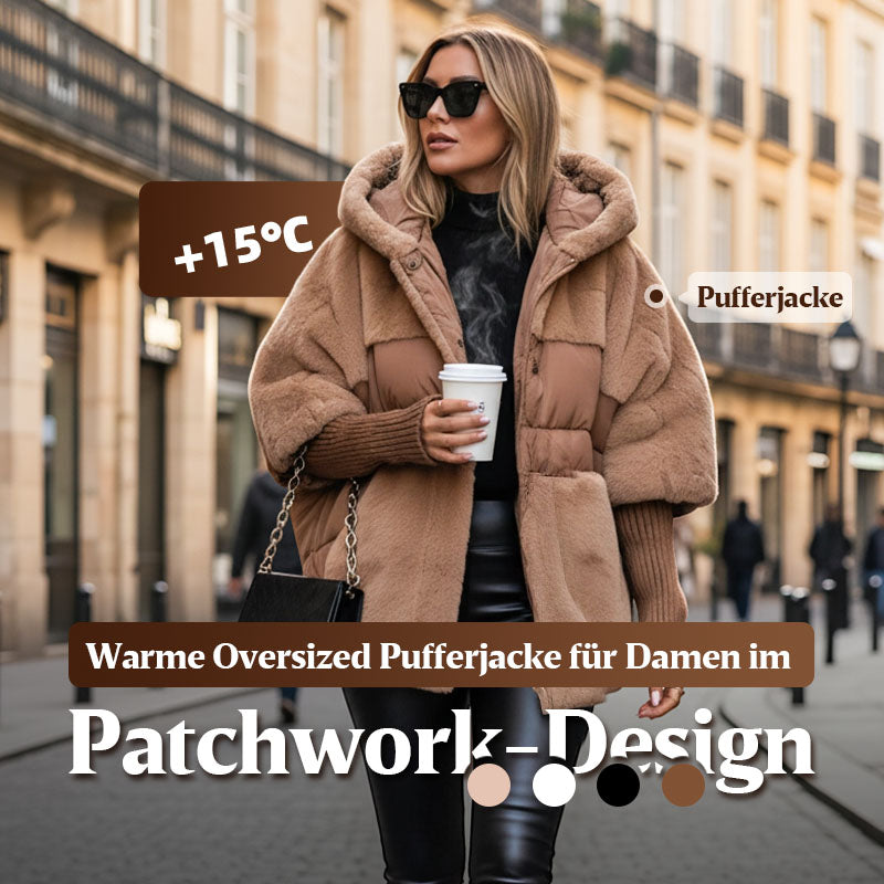 ✈️✈️Kostenloser Versand❄️✨Damen Oversized Pufferjacke mit Kapuze im Patchwork-Design