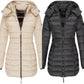 Winter women's mid-length padded jacket warm solid color hooded jacket