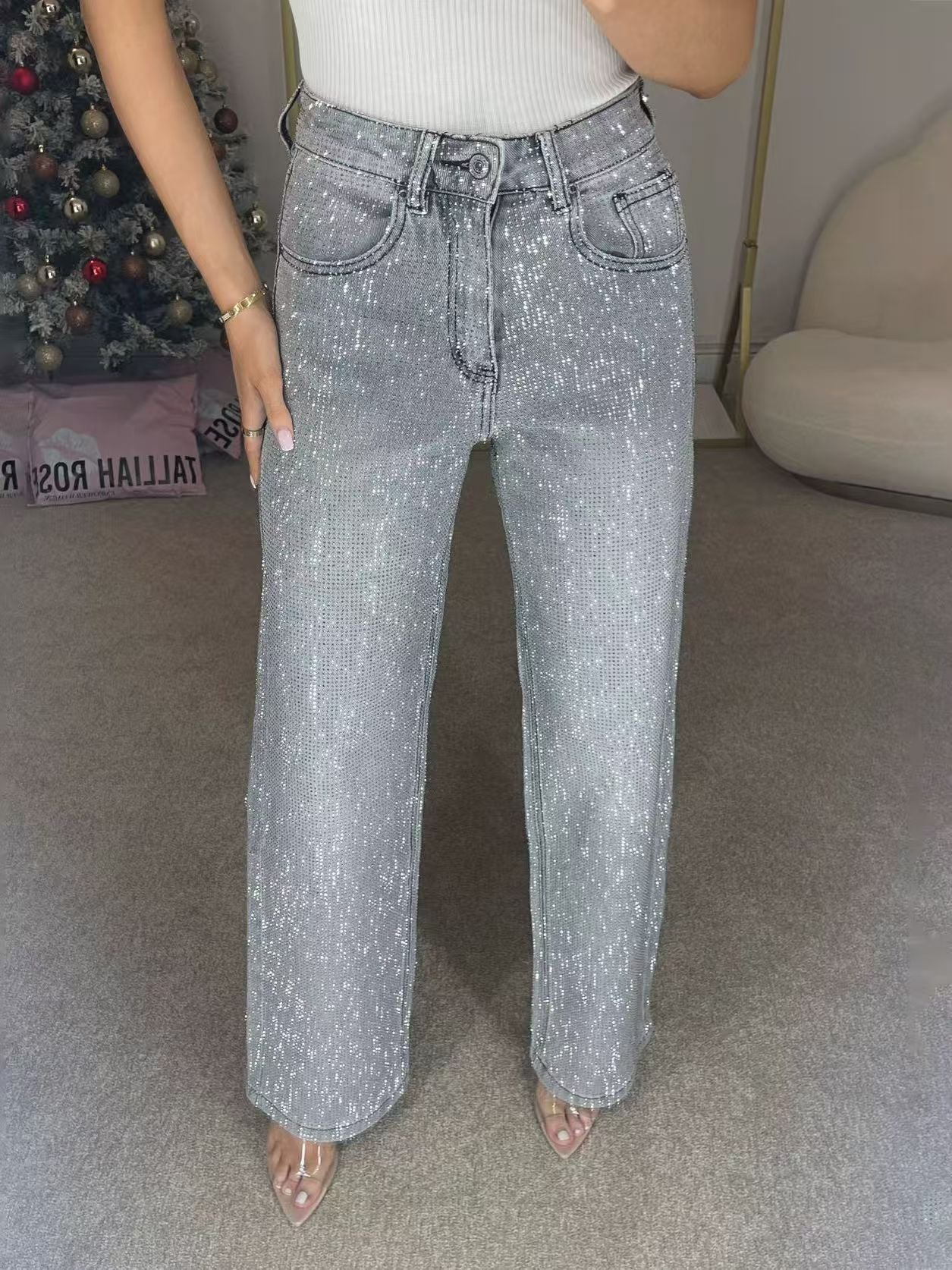 💖 💖Zeitlich begrenztes Angebot – 50 % Rabatt💥💥✨Damen-Jeans mit Strass-Steinen & Used-Optik