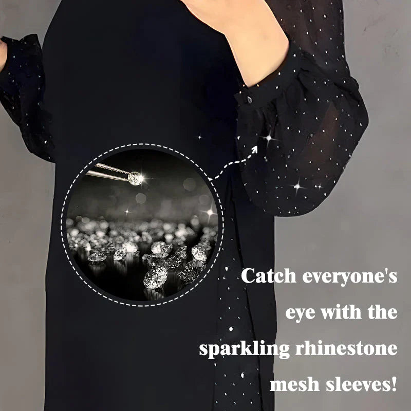 💖Räumungsverkauf 💖🔥Damenkleid mit Rundhalsausschnitt und einfarbigem Strass