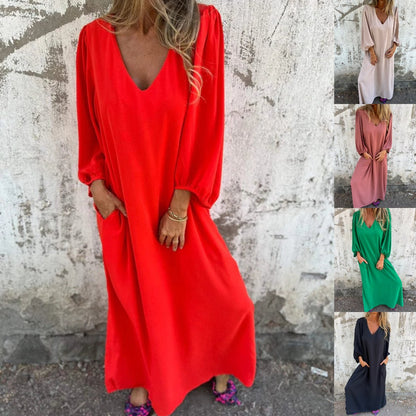 Loose V-neck solid color women's lantern sleeve dress