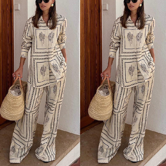 Women's Geometric Print 2-Piece Set - Shirt and Wide Leg Pants