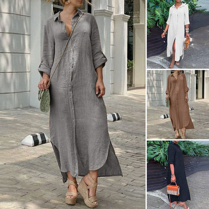 Women’s Casual Cotton Linen Shirt Style Button Dress