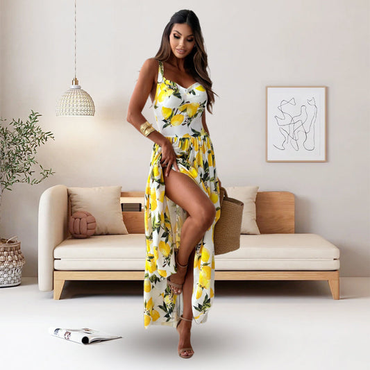 Women’s Elegant Lemon Print Spaghetti Strap Flowy Long Dress