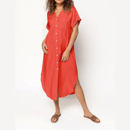 Women's Casual Loose Rolled Up Sleeve Button Down Shirt Dress