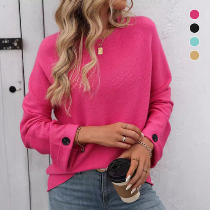 Women's Round Neck Long-Sleeve Sweater with Button Detail