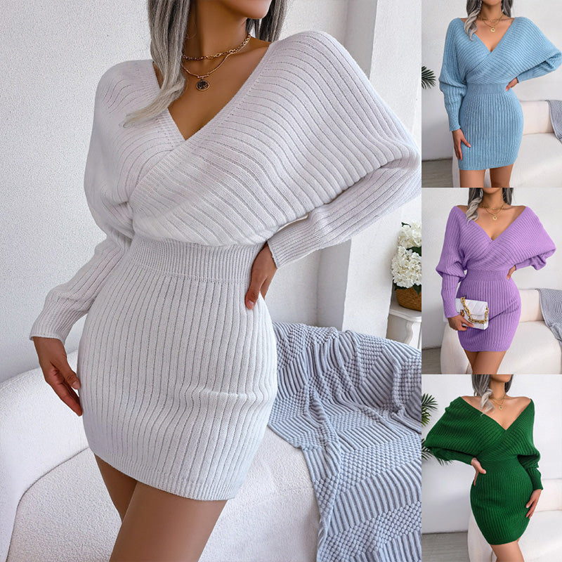 💖 💖Zeitlich begrenztes Angebot – 50 % Rabatt💃🎉Sexy Strick-Minikleid mit langen Fledermausärmeln