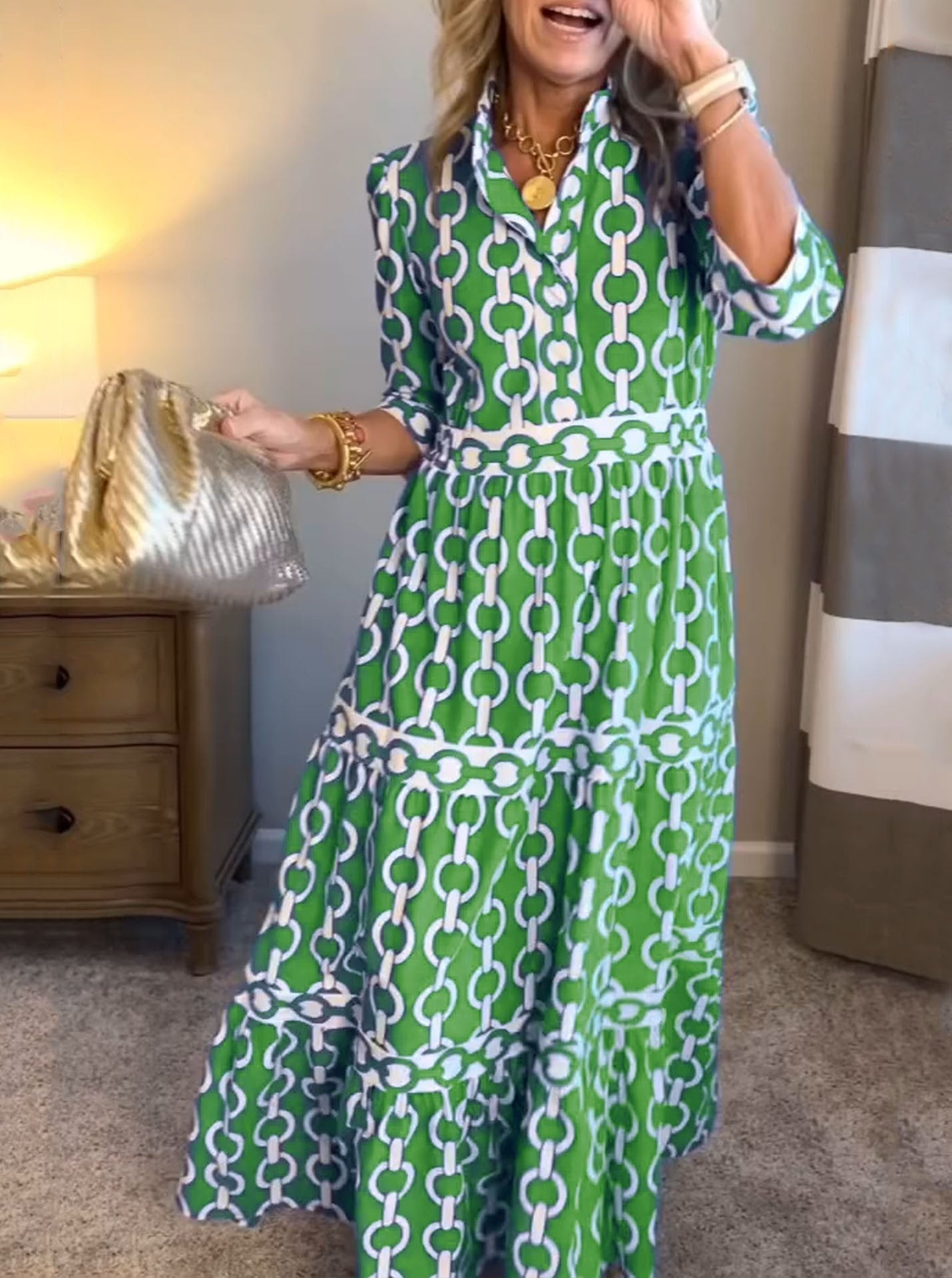🌸Geometrisches Maxikleid mit V-Ausschnitt für Frauen