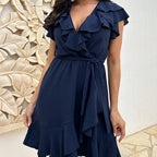 🏖️Sommer-Hot-Sale - 60% Rabatt🌸Elegantes Rüschenkleid mit Taillenschnürung und V-Ausschnitt für Damen