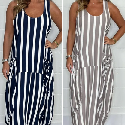 🔥Muttertags-Schnäppchen - 49%🔥Übergroßes Kleid mit Streifen, Bindegürtel und Tasche vorne