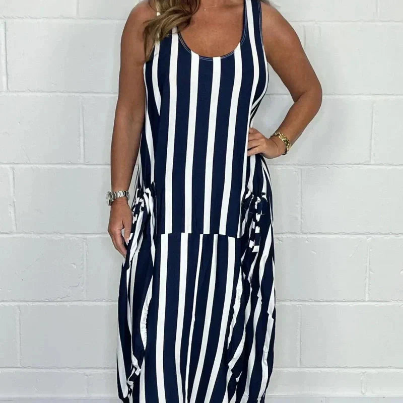 🔥Muttertags-Schnäppchen - 49%🔥Übergroßes Kleid mit Streifen, Bindegürtel und Tasche vorne