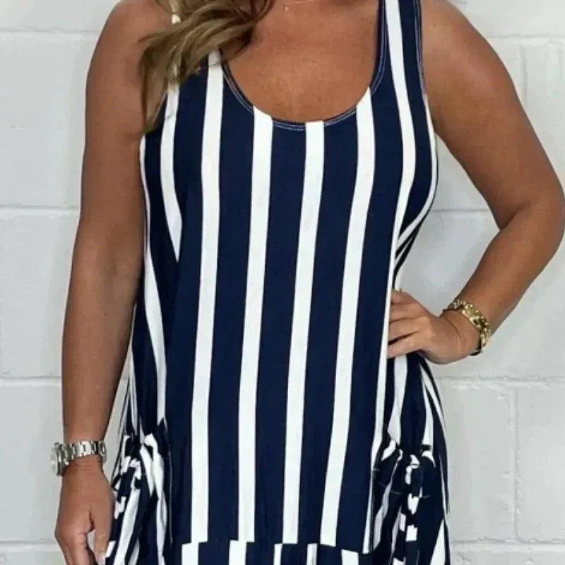 🔥Muttertags-Schnäppchen - 49%🔥Übergroßes Kleid mit Streifen, Bindegürtel und Tasche vorne