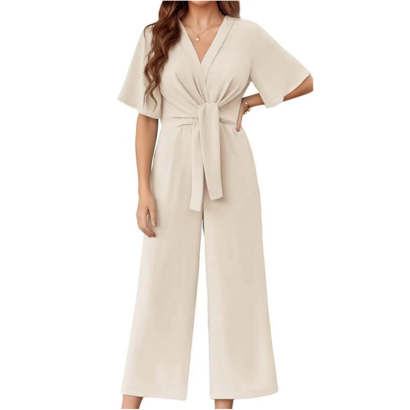 Women's Elegant V-Neck Wide Leg Waist Tie Jumpsuit-2
