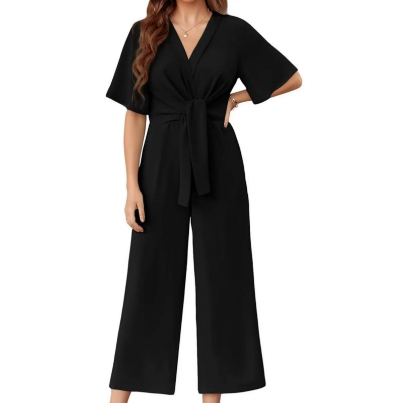 Women's Elegant V-Neck Wide Leg Waist Tie Jumpsuit-1