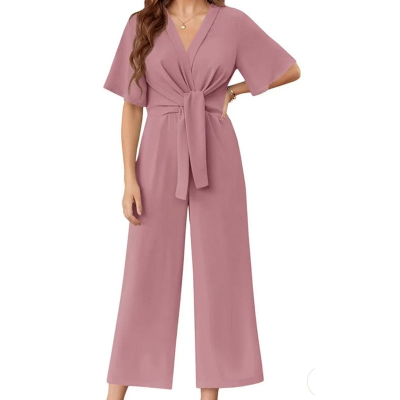 Women's Elegant V-Neck Wide Leg Waist Tie Jumpsuit-5
