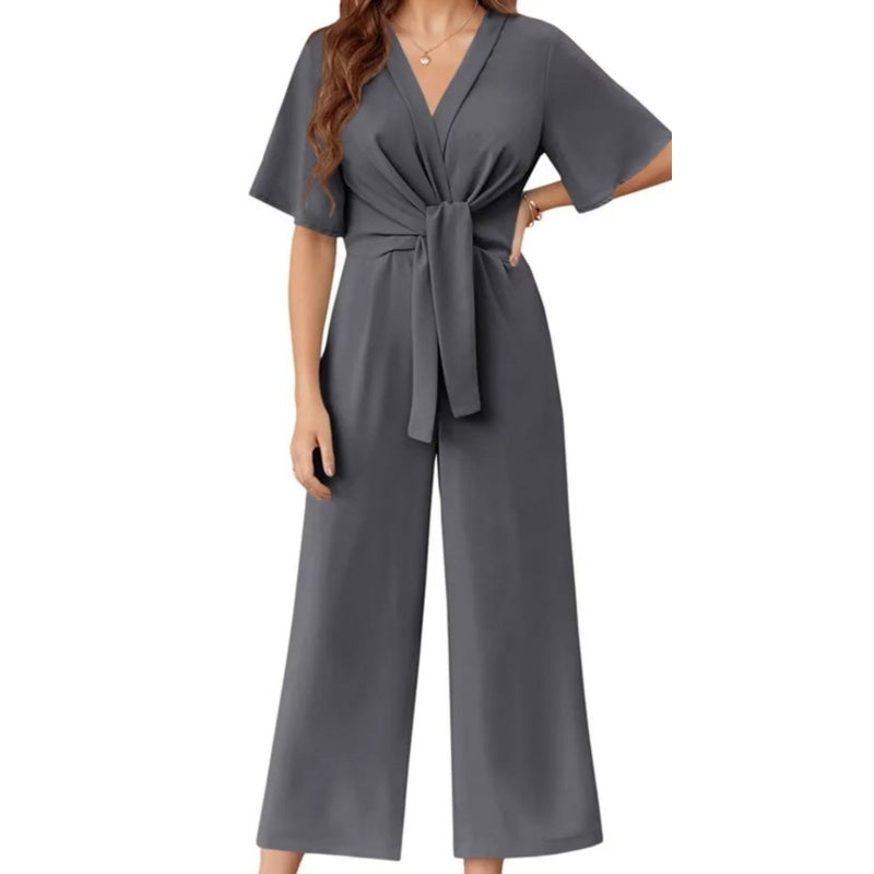 Women's Elegant V-Neck Wide Leg Waist Tie Jumpsuit-4