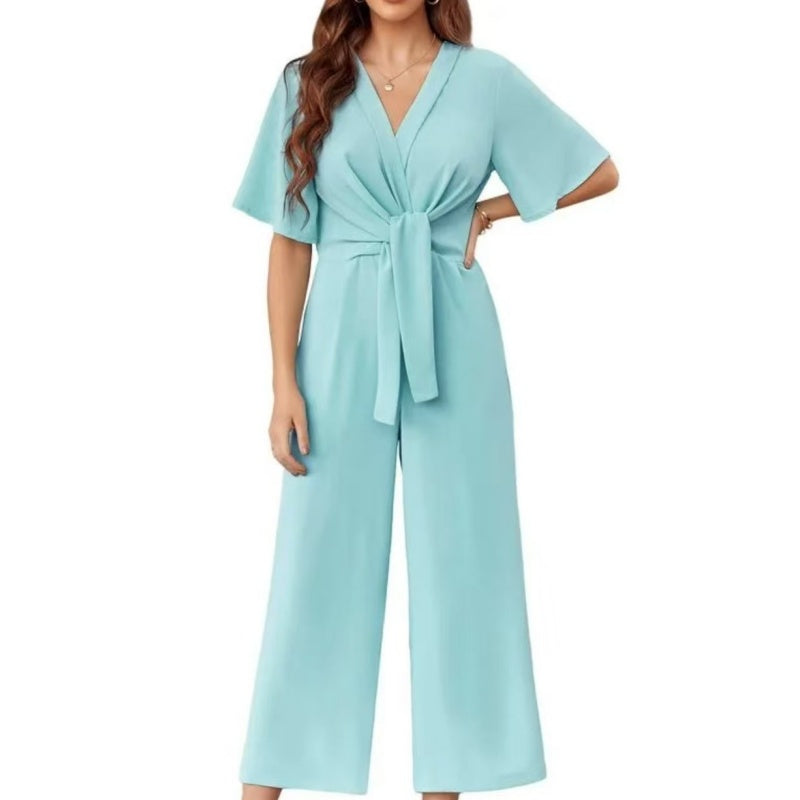 Women's Elegant V-Neck Wide Leg Waist Tie Jumpsuit-6