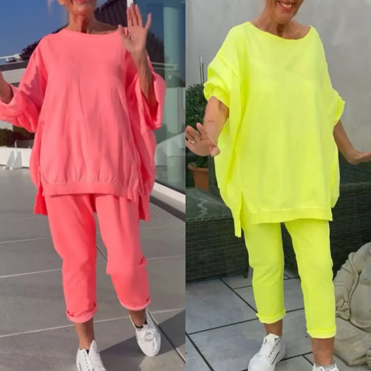 ⏳Begrenzte Zeit 50% Rabatt💥🥰Rundhalsausschnitt mit Schlitz. Fluoreszierender Freizeitanzug für Damen