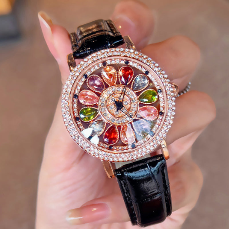 ✨🌈Damenuhr mit rotierendem Zifferblatt und farbigen simulierten Diamanten💎