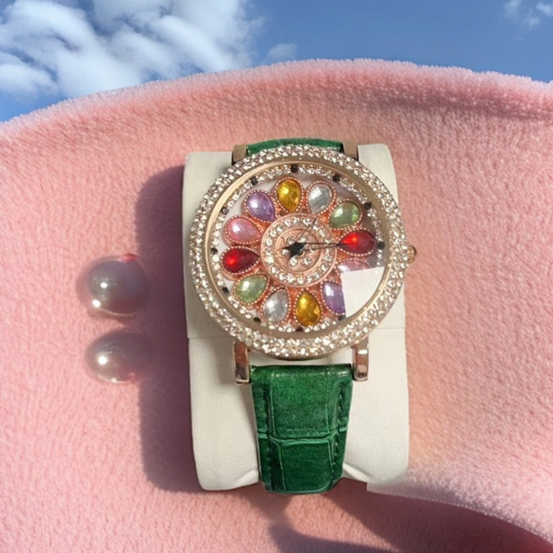 ✨🌈Damenuhr mit rotierendem Zifferblatt und farbigen simulierten Diamanten💎