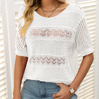 🌺Elegant. Atmungsaktiv. Vielseitig – Dein Sommer-Liebling für jeden Anlass🌷Damen Kurzarm-Rundhalspullover mit Lochstrick und Häkeloptik
