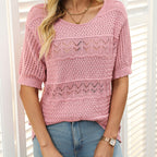 🌺Elegant. Atmungsaktiv. Vielseitig – Dein Sommer-Liebling für jeden Anlass🌷Damen Kurzarm-Rundhalspullover mit Lochstrick und Häkeloptik