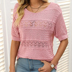 🌺Elegant. Atmungsaktiv. Vielseitig – Dein Sommer-Liebling für jeden Anlass🌷Damen Kurzarm-Rundhalspullover mit Lochstrick und Häkeloptik
