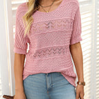 🌺Elegant. Atmungsaktiv. Vielseitig – Dein Sommer-Liebling für jeden Anlass🌷Damen Kurzarm-Rundhalspullover mit Lochstrick und Häkeloptik