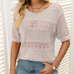 🌺Elegant. Atmungsaktiv. Vielseitig – Dein Sommer-Liebling für jeden Anlass🌷Damen Kurzarm-Rundhalspullover mit Lochstrick und Häkeloptik