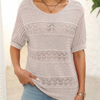 🌺Elegant. Atmungsaktiv. Vielseitig – Dein Sommer-Liebling für jeden Anlass🌷Damen Kurzarm-Rundhalspullover mit Lochstrick und Häkeloptik