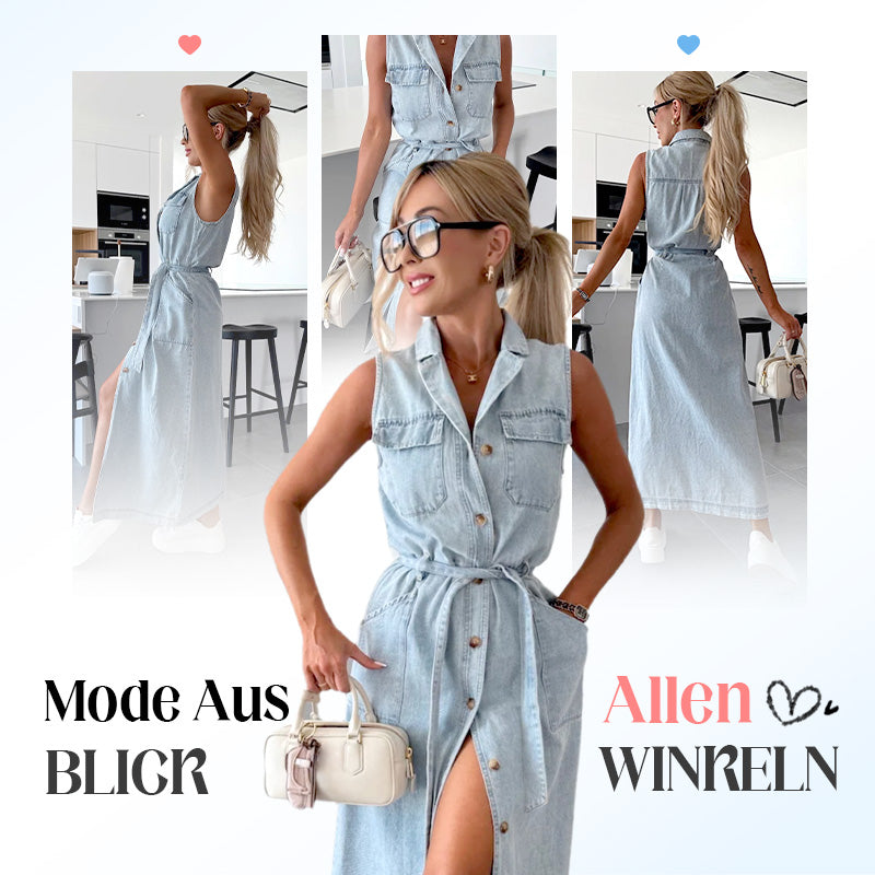 💃Sommer Neuankömmlinge halber Preis⏳Damen-Midi-Jeanskleid mit Taillenband