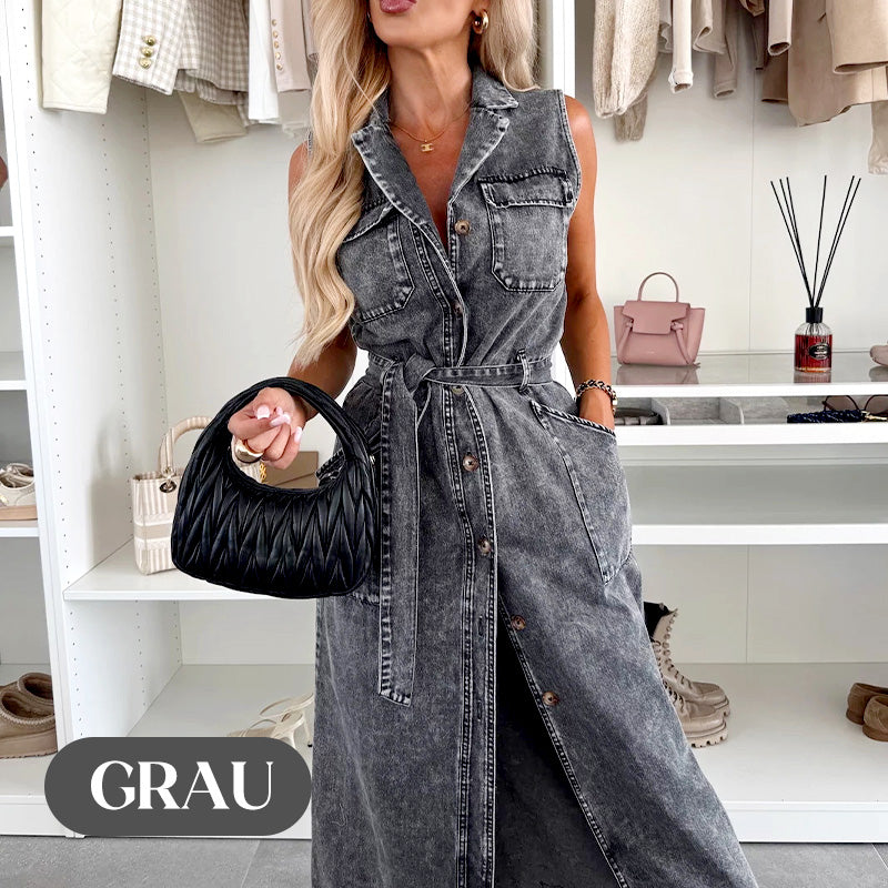 💃Sommer Neuankömmlinge halber Preis⏳Damen-Midi-Jeanskleid mit Taillenband