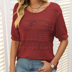 🌸Damen Rundhalsausschnitt hohl gestrickt häkeln Kurzarm Pullover