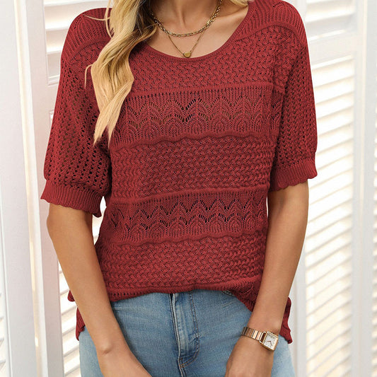🌸Damen Rundhalsausschnitt hohl gestrickt häkeln Kurzarm Pullover