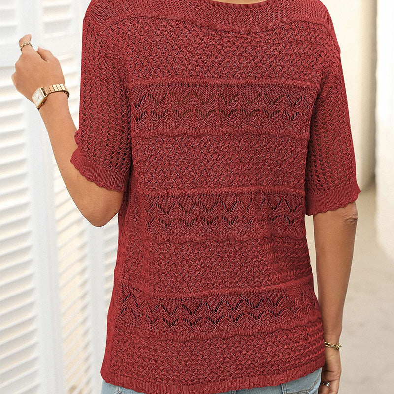 🌸Damen Rundhalsausschnitt hohl gestrickt häkeln Kurzarm Pullover