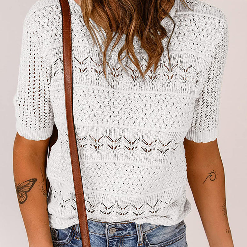 🌸Damen Rundhalsausschnitt hohl gestrickt häkeln Kurzarm Pullover
