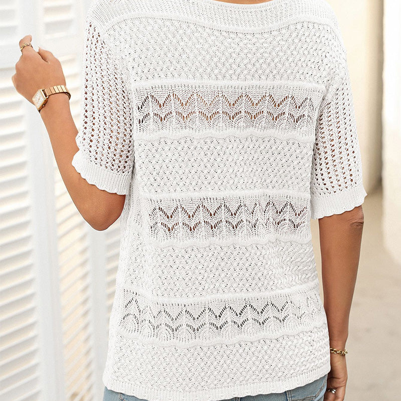 🌸Damen Rundhalsausschnitt hohl gestrickt häkeln Kurzarm Pullover