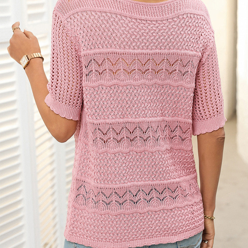🌸Damen Rundhalsausschnitt hohl gestrickt häkeln Kurzarm Pullover