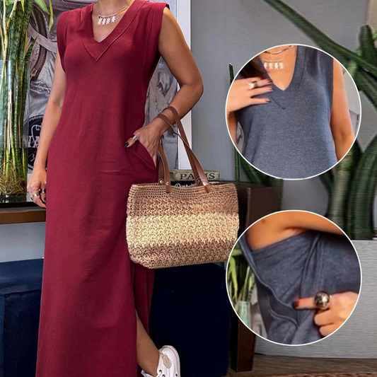 ✨Super Slim Fit ✨Damen ärmelloses Maxikleid mit V-Ausschnitt und Schlitz