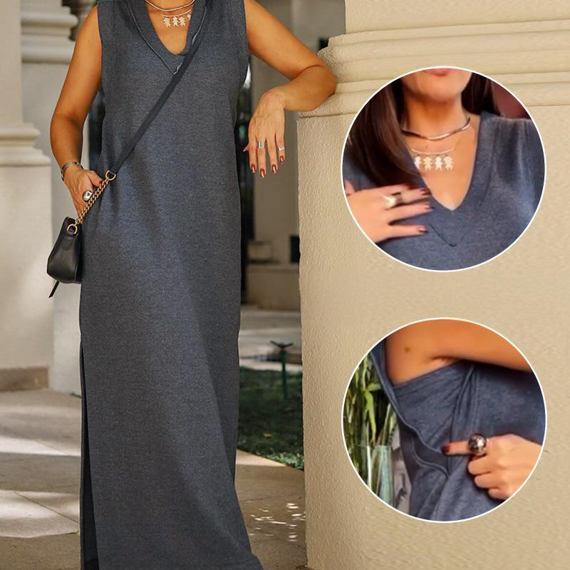 ✨Super Slim Fit ✨Damen ärmelloses Maxikleid mit V-Ausschnitt und Schlitz